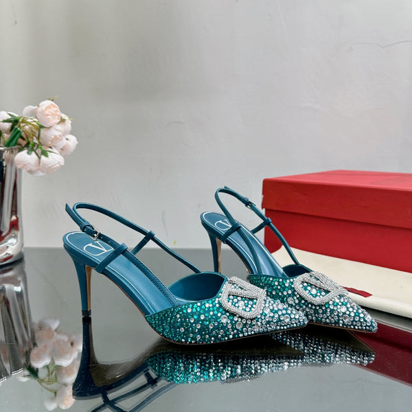 Vlogo Signature Slingback 70 in pelle di vitello blu scuro con cristalli