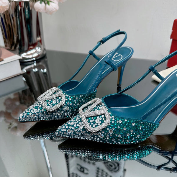 Vlogo Signature Slingback 70 in pelle di vitello blu scuro con cristalli