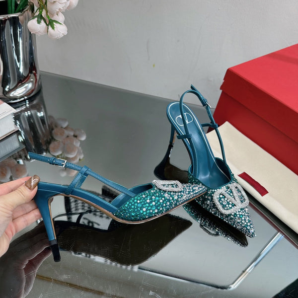 Vlogo Signature Slingback 70 in pelle di vitello blu scuro con cristalli