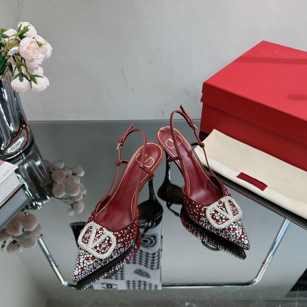 Vlogo Signature Slingback 70 in pelle di vitello bordeaux con cristalli