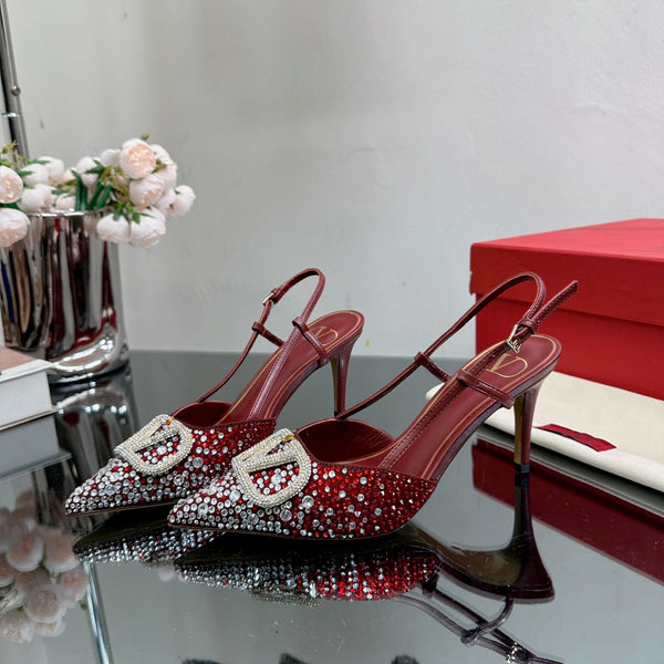 Vlogo Signature Slingback 70 in pelle di vitello bordeaux con cristalli