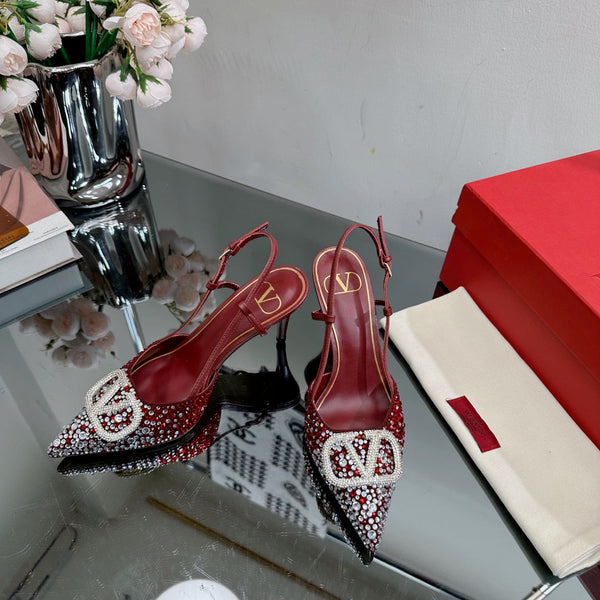 Vlogo Signature Slingback 70 in pelle di vitello bordeaux con cristalli