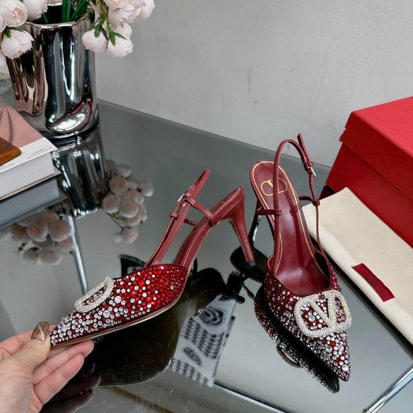 Vlogo Signature Slingback 70 in pelle di vitello bordeaux con cristalli