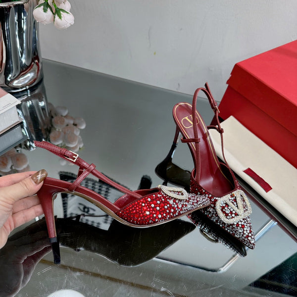 Vlogo Signature Slingback 70 in pelle di vitello bordeaux con cristalli