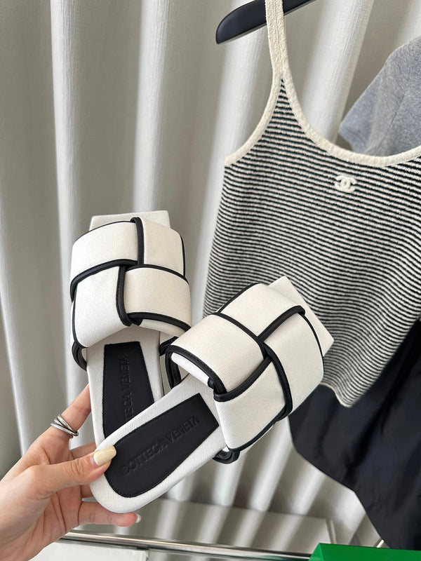 patch mule flat white black cotton lambskin