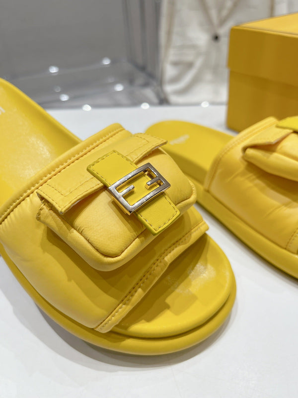 FENDI BAGUETTE SLIPPERS IN NAPLES YELLOW LAMBSKIN WITH GOLD HARDWARE