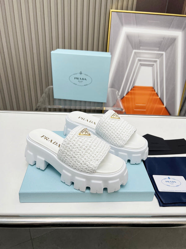 PRA THICK-SOLED CROCHET SANDALS WHITE WOVEN FABRIC