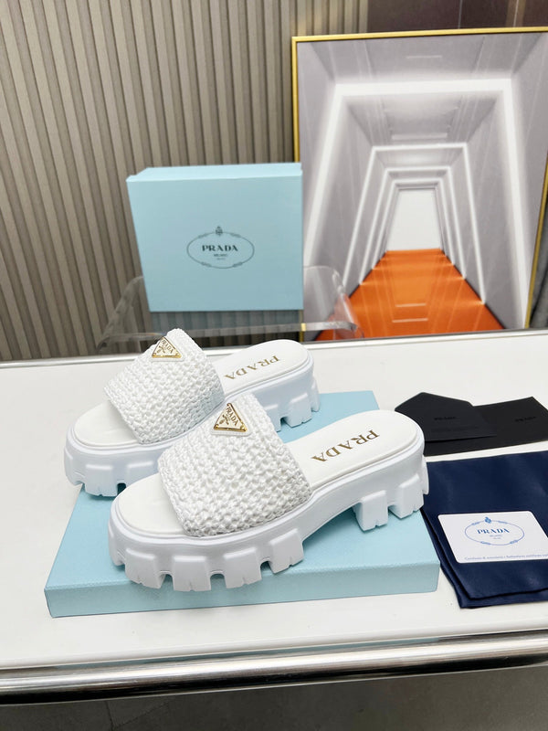 PRA THICK-SOLED CROCHET SANDALS WHITE WOVEN FABRIC