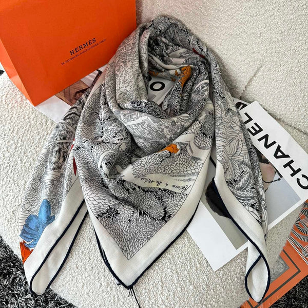 Retour A La Nature Shawl 140 CM White Black Colorful Silk