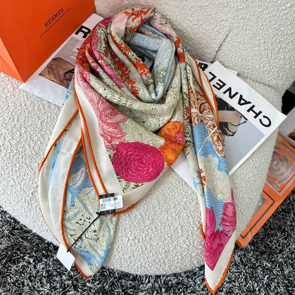 Retourala Nature Hermes Scarf 140 CM Green Gray Colorful Silk