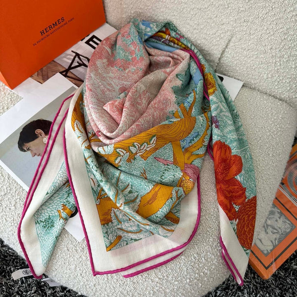 Retourala Nature Hermes Scarf 140 CM Turquoise Colorful Silk