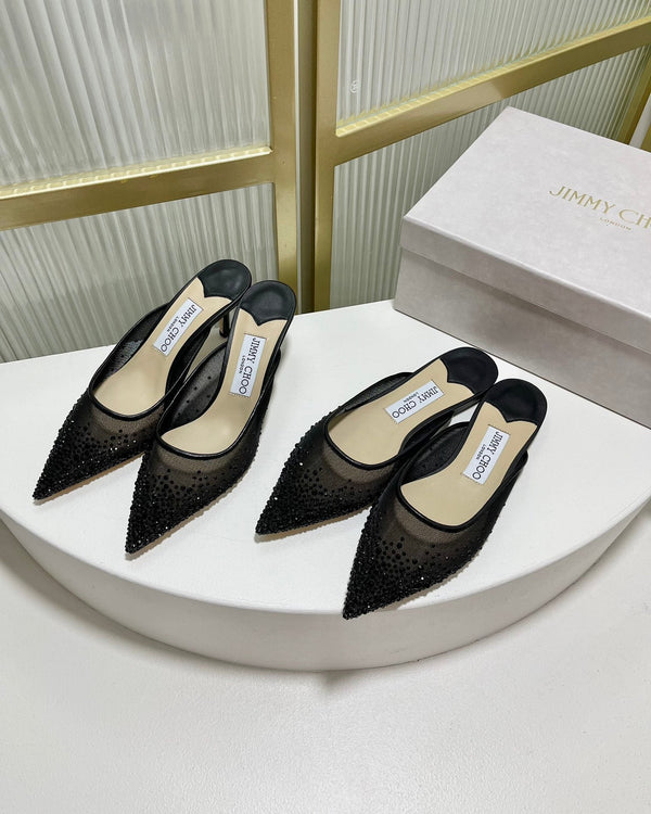 Jimmy Mule In Black Mesh Fabric With Swarovski Crystal 597874