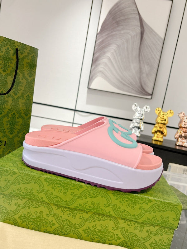 Sandalo GC 25 Interlocking G 50mm Slide Rosa Blu Pelle di vacchetta 292397