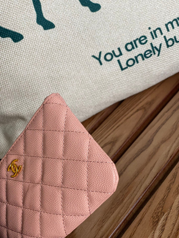 cc zipped wallet 14cm light pink caviar gold hardware