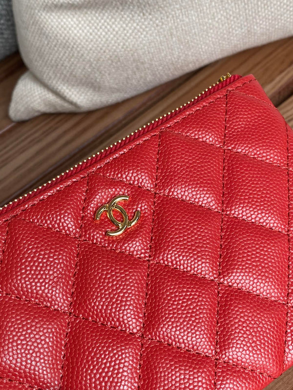 Portafoglio con cerniera cc 15 caviale rosso hardware oro