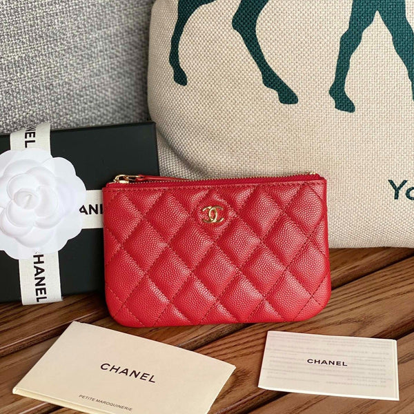 Portafoglio con cerniera cc 15 caviale rosso hardware oro