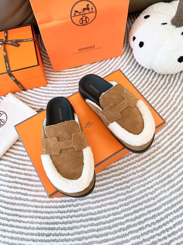 HM Go Mule Marrone Mix Pelle Scamosciata Bianca Foderata in Pile di Lana 963222