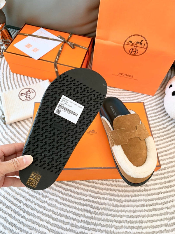 HM Go Mule Marrone Mix Pelle Scamosciata Bianca Foderata in Pile di Lana 963222