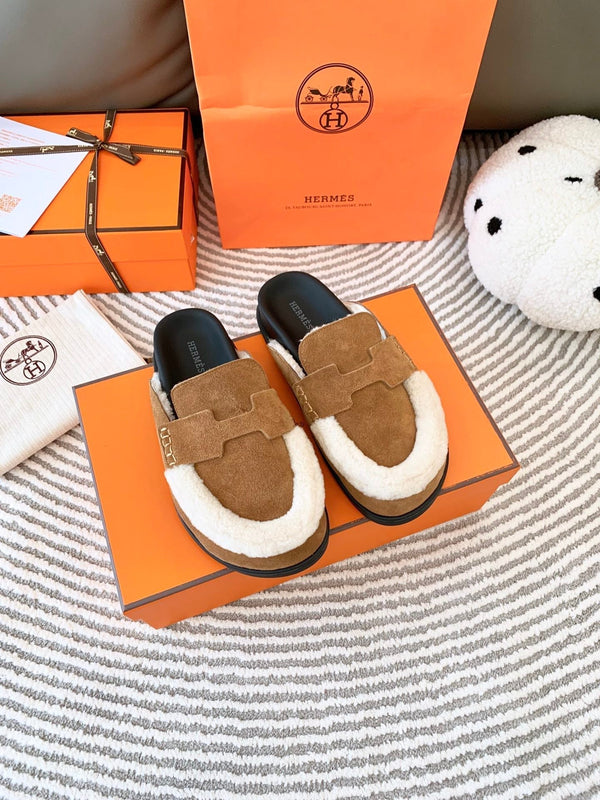 HM Go Mule Marrone Mix Pelle Scamosciata Bianca Foderata in Pile di Lana 963222