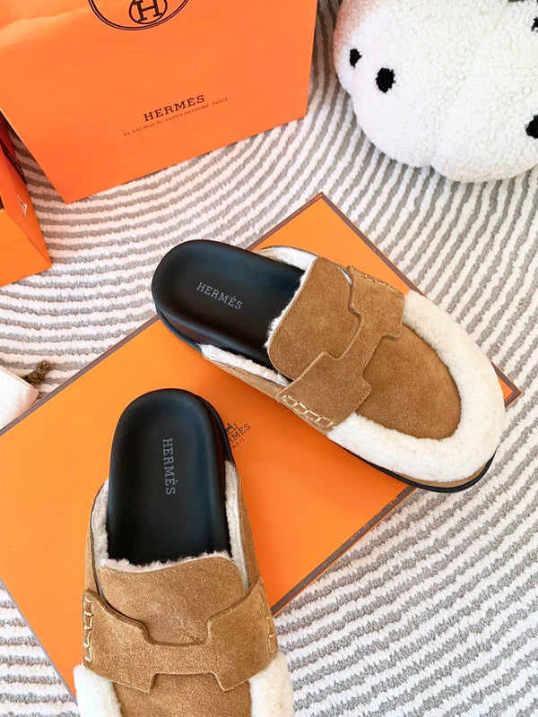 HM Go Mule Marrone Mix Pelle Scamosciata Bianca Foderata in Pile di Lana 963222