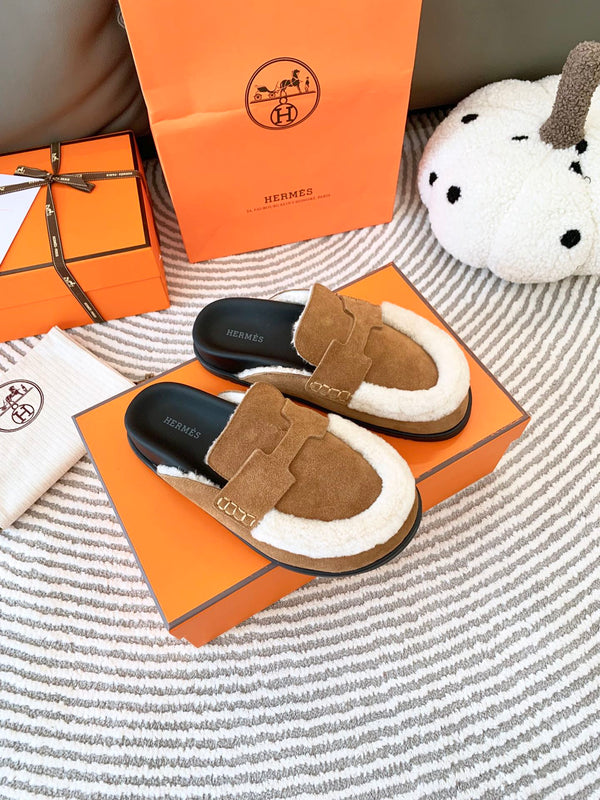 HM Go Mule Marrone Mix Pelle Scamosciata Bianca Foderata in Pile di Lana 963222