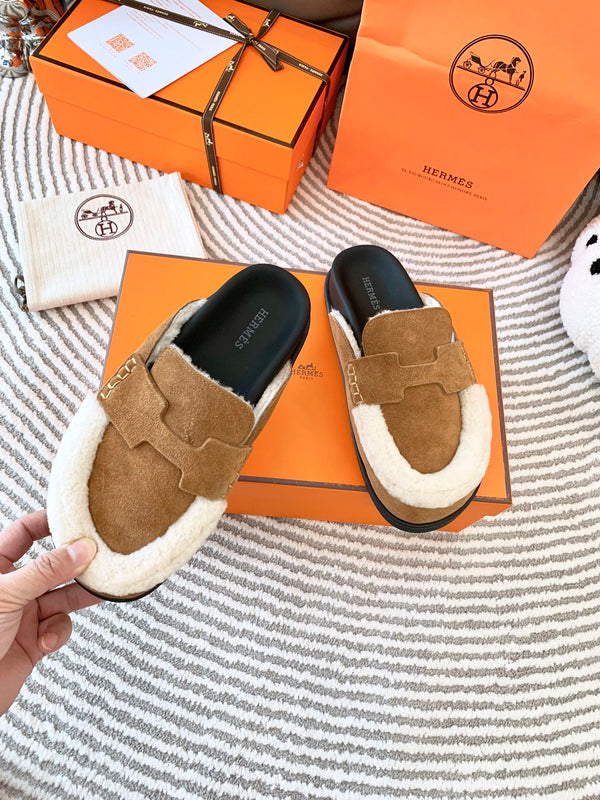 HM Go Mule Marrone Mix Pelle Scamosciata Bianca Foderata in Pile di Lana 963222