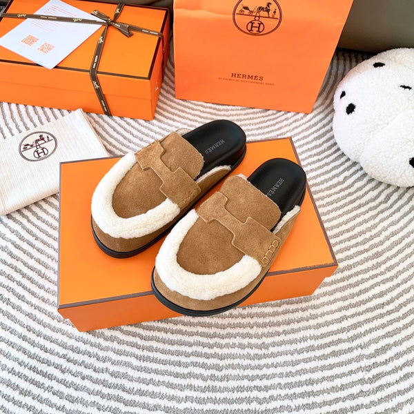 HM Go Mule Marrone Mix Pelle Scamosciata Bianca Foderata in Pile di Lana 963222