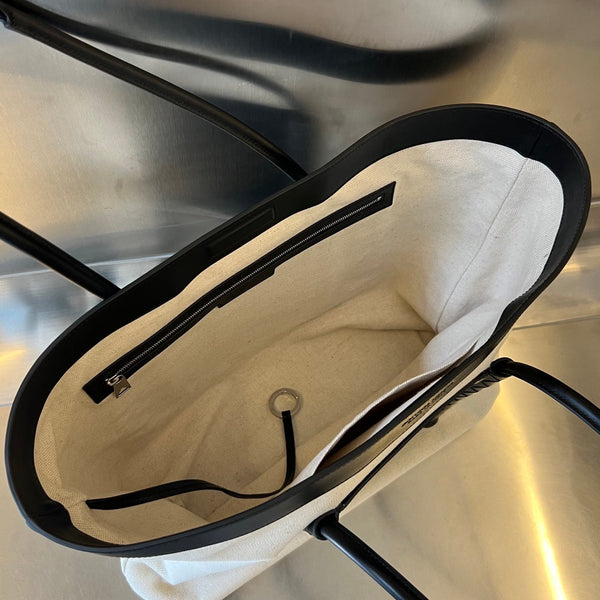 BORSA PORTELLO TOTE 53 IN PELLE DI VITELLO NERA E TELA BIANCA