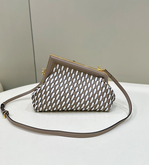 FENDI 26 FIRST SMALL IN TAN BROWN MIX WHITE CALFSKIN SILVER HARDWARE