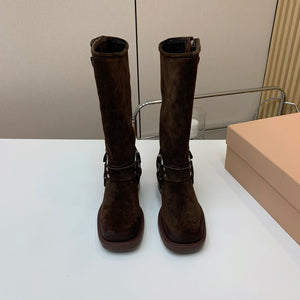 Miu Miu Biker Retro-Style Long Boots  Brown Suede 535201