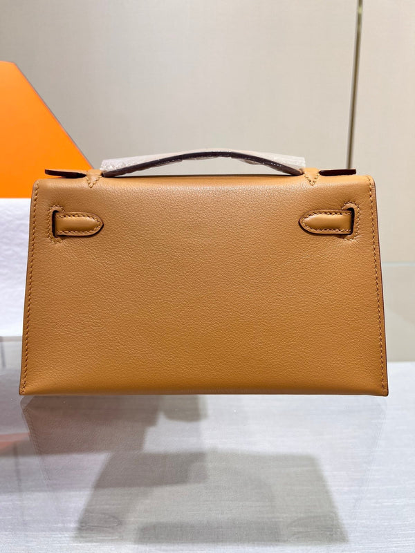 HM KELLY POCHETTE 22CM BROWN SWIFT SILVER HARDWARE