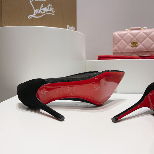 CL Follies Strass Pumps Mesh and Veau Velours Black