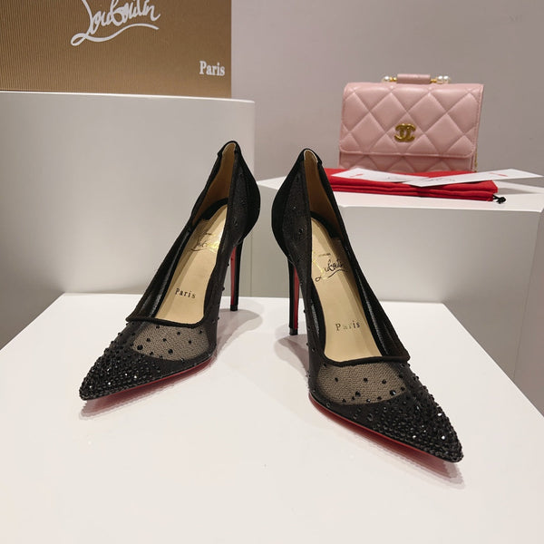 CL Follies Strass Pumps Mesh and Veau Velours Black