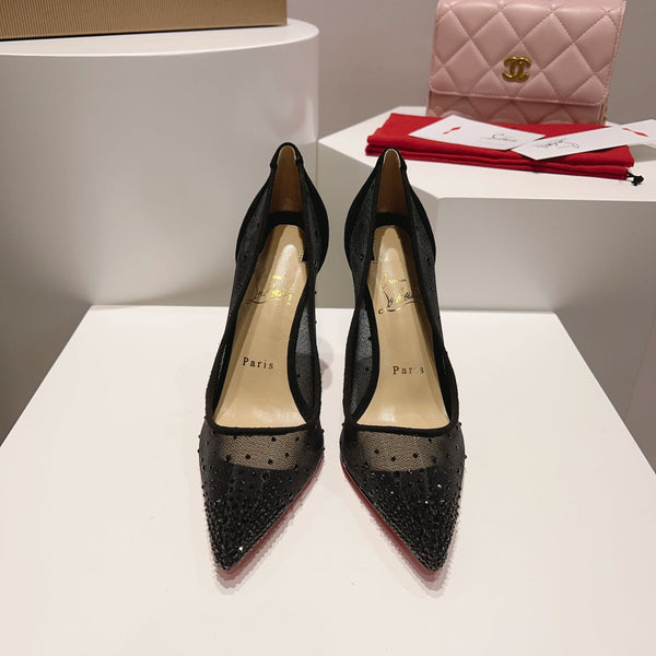 CL Follies Strass Pumps Mesh and Veau Velours Black