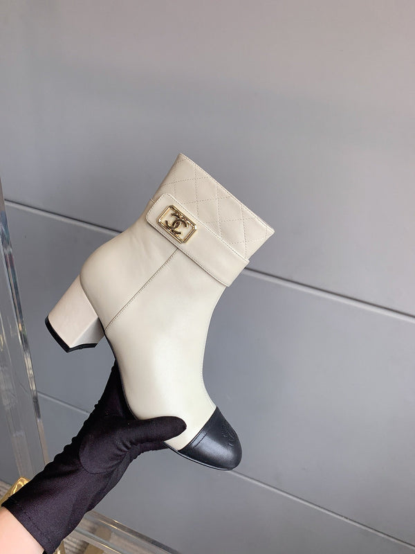 CC Square Toe Ankle Boots 70mm White Black Cowhide 464566