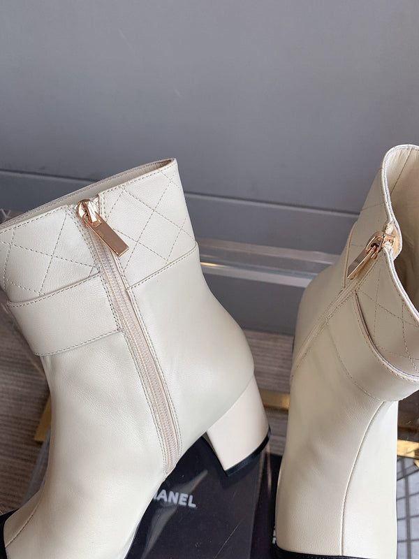 CC Square Toe Ankle Boots 70mm White Black Cowhide 464566