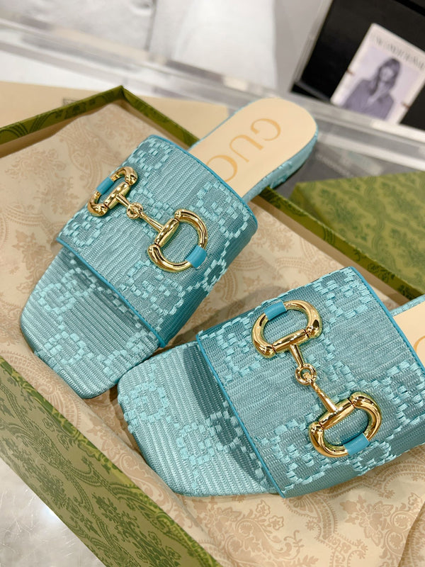 SANDALO GG CHUNKY SLIDE IN PELLE DI VITELLO BLU CIELO