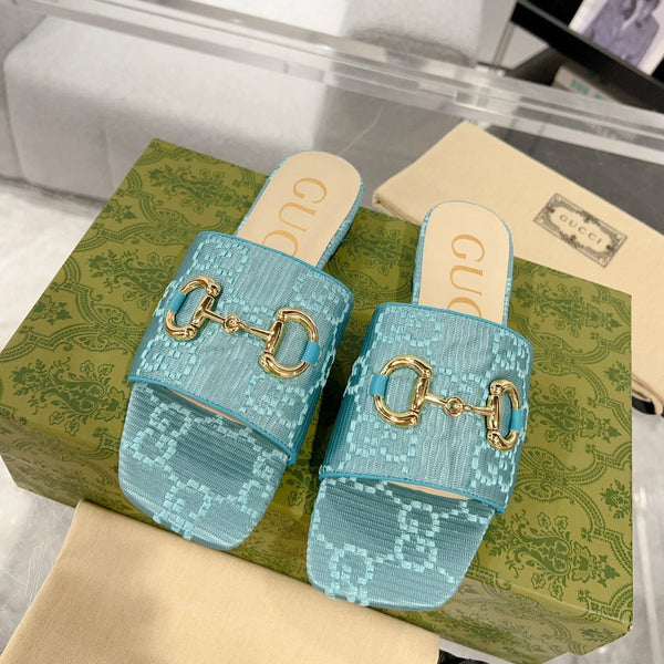 SANDALO GG CHUNKY SLIDE IN PELLE DI VITELLO BLU CIELO