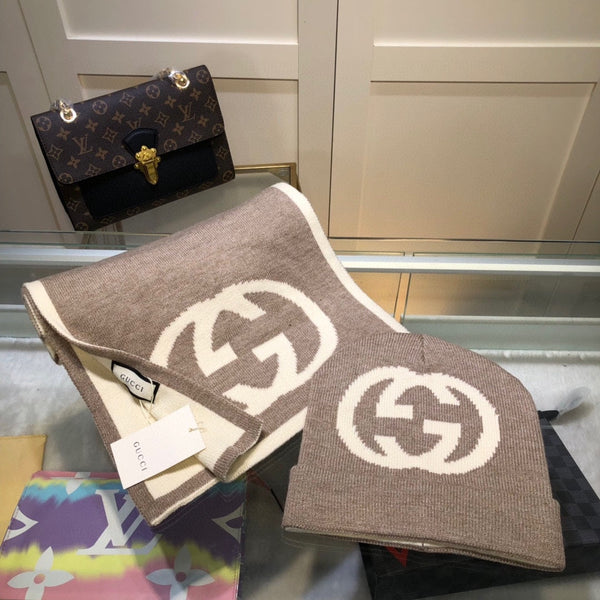 SET CAPPELLO E SCIARPA IN CASHMERE BIANCO MISTO MARRONE CAMMELLO 946329 