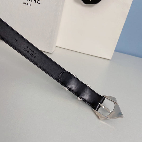 Cintura media con punte 25 mm in pelle di vitello nera con passante in argento