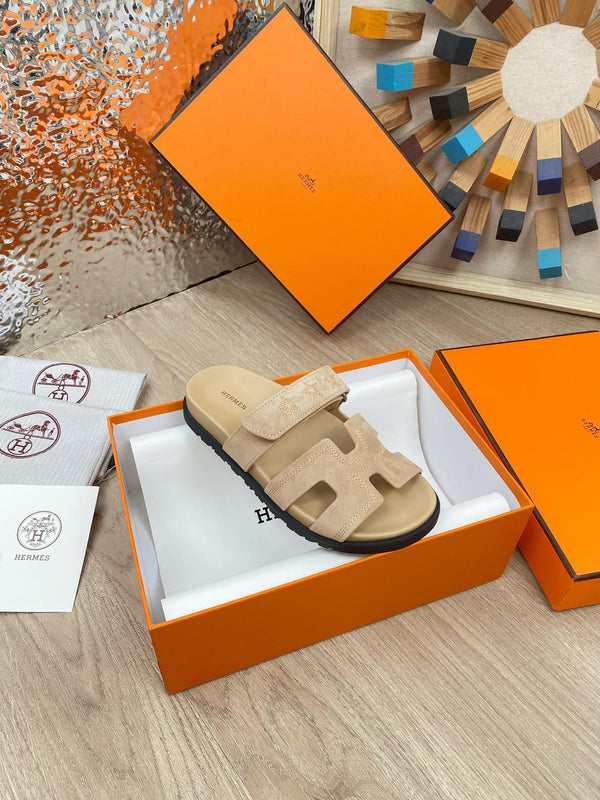 chypre sandal beige suede calfskin white thread embroidered