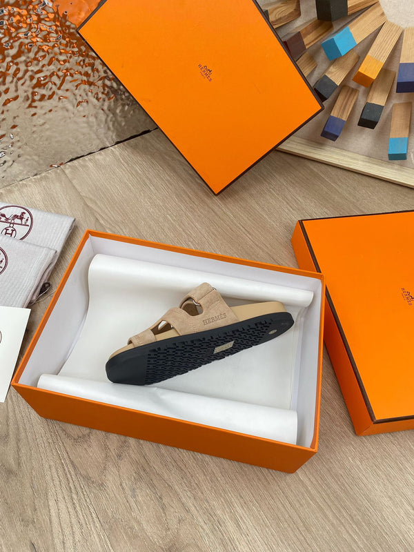 chypre sandal beige suede calfskin white thread embroidered