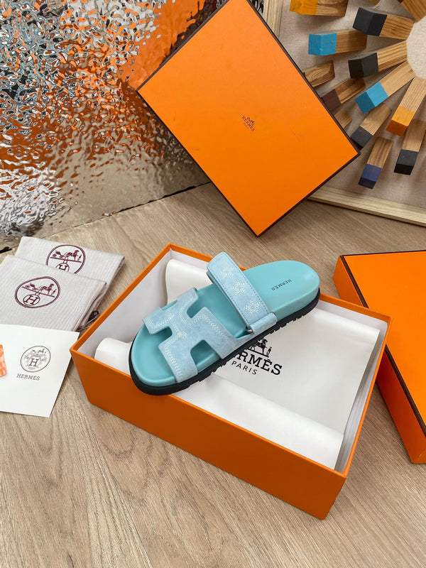 chypre sandal turquoise blue suede calfskin white thread embroidered