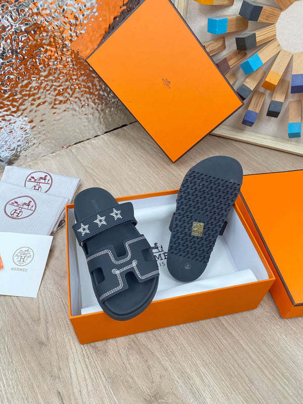 chypre sandal black calfskin white thread embroidered