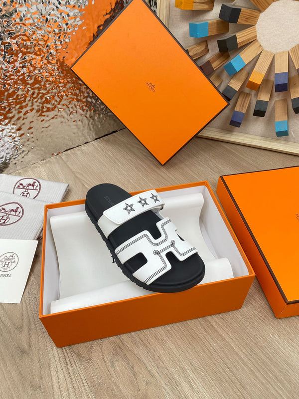 chypre sandal white black calfskin black thread embroidered