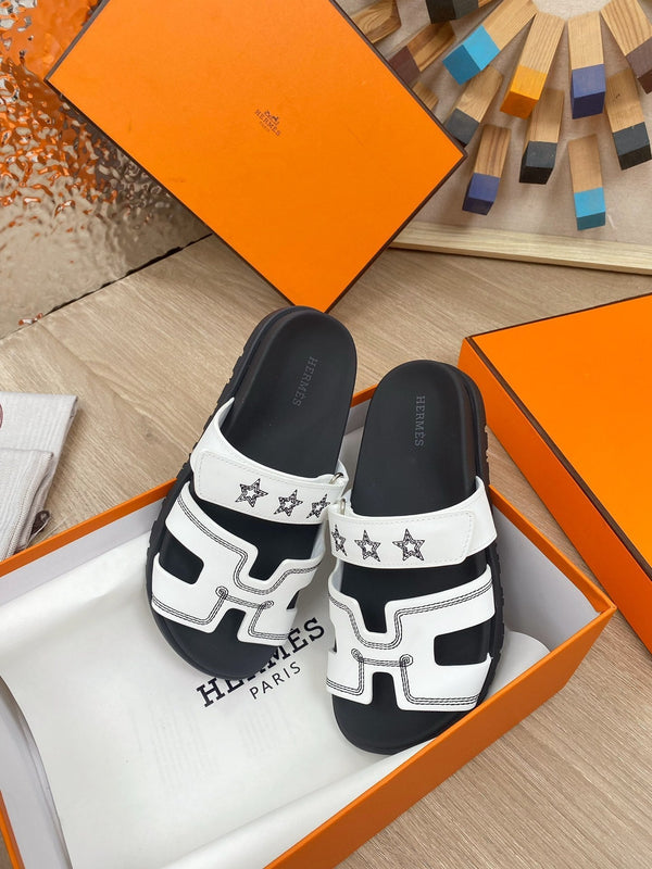 chypre sandal white black calfskin black thread embroidered