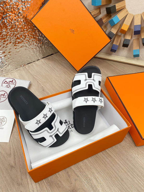 chypre sandal white black calfskin black thread embroidered