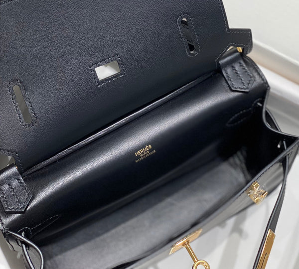 KELLY 23CM JYPSIERE BLACK LEATHER CROSSBODY BAG GHW