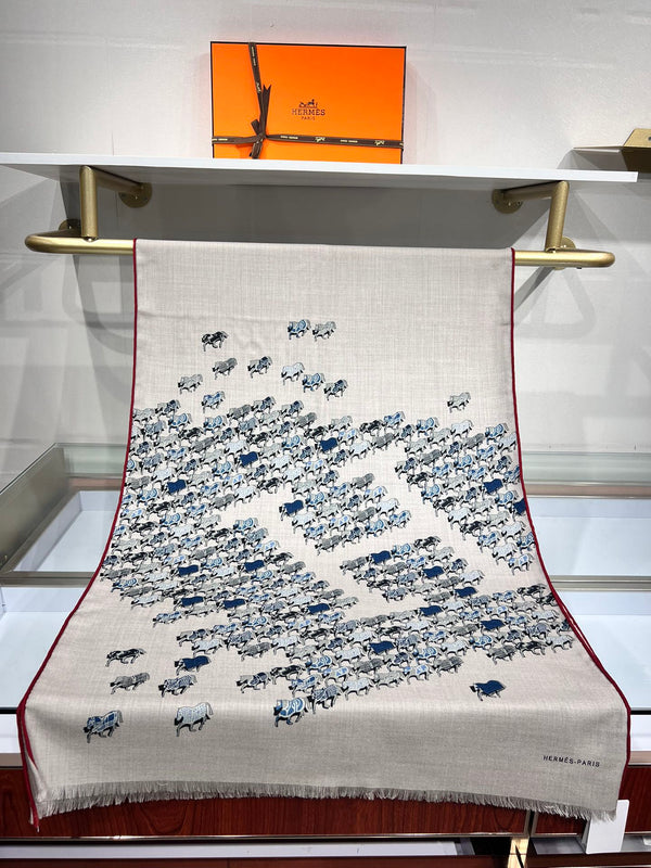 Hermes velvet scarf 185 CM Rice Gray Cotton Fabric