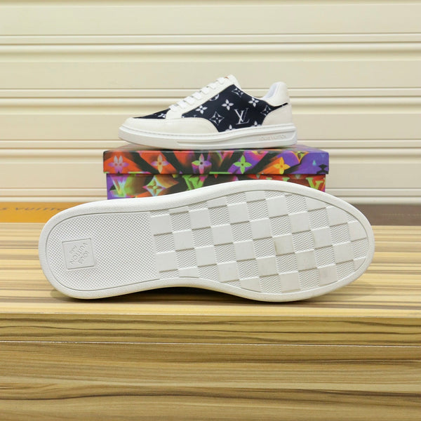 LV TRAINER SHOES BLACK MONOGRAM JACQUARD AND WHITE CALFSKIN